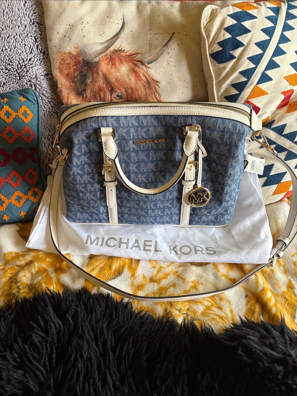 Michael Kors Blue Denim Signature Satchel with Cream Trim
